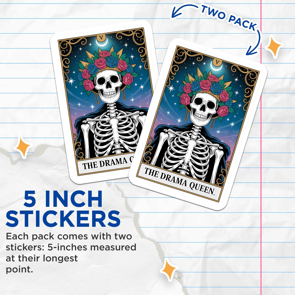 (2 Pack) Drama Queen Skeleton Stickers - Gothic Tarot Card Art - Rose Crown Mystical Aesthetic Celestial Decals - 5" On Longest Side - Sticks to Smooth Flat Surfaces - Made in USA - BMCS21188