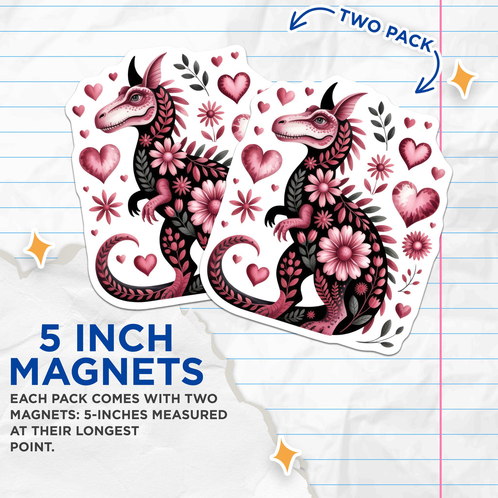 (2 Pack) Whimsical Dinosaur Magnets - Floral Pink Dino Decor - Cute Creature Fridge Art - 5 Inches On Longest Side - Thick Durable Magnet - Made in USA - MAG36329