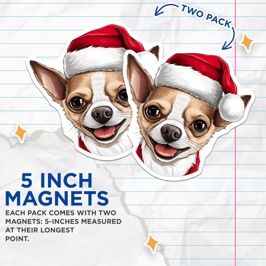 (2 Pack) Chihuahua Christmas Magnets - Santa Hat Dog Decor - Holiday Pet Lover Present - 5 Inches On Longest Side - Thick Durable Magnet - Made in USA - MAG25329