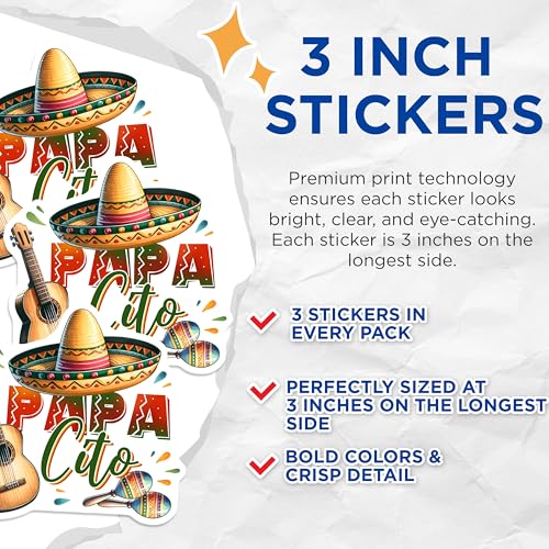 (3 Pack) Papa Cito Decals - Mexican Dad - Guitar and Sombrero - 3 Inches On Longest Side - Easy Peel & Apply - Made in USA - 3MCS6982