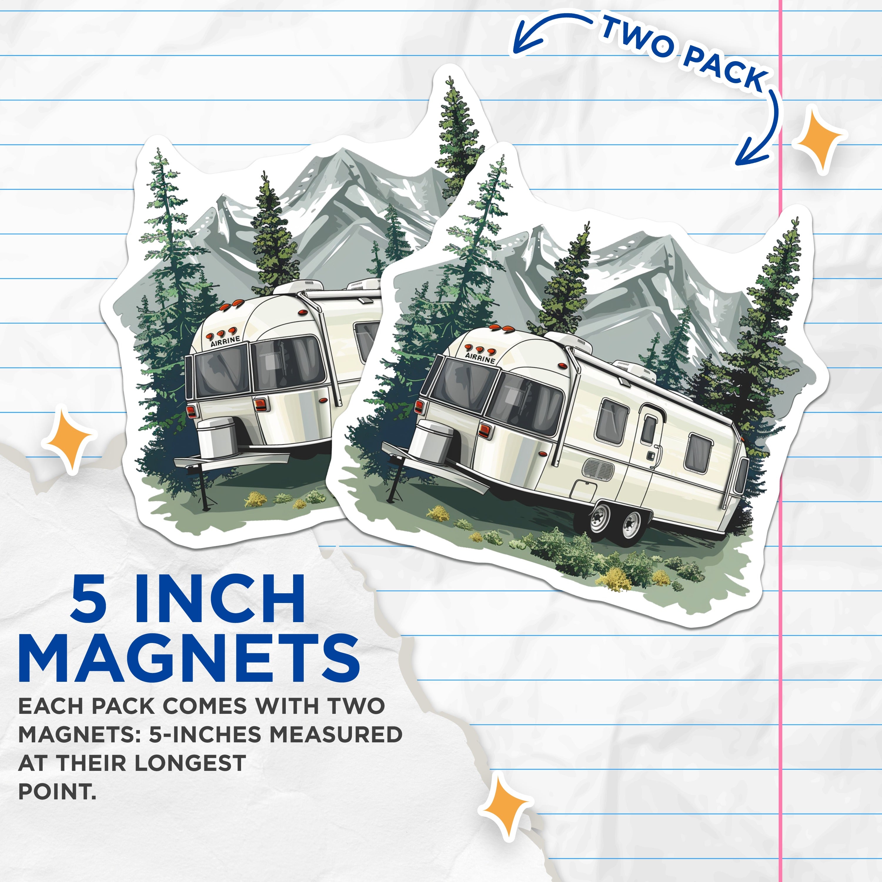 (2 Pack) Airstream Camper Magnets - Mountain Pine Forest - Retro Travel Trailer Decor - 5 Inches On Longest Side - Thick Durable Magnet - Made in USA - MAG37603