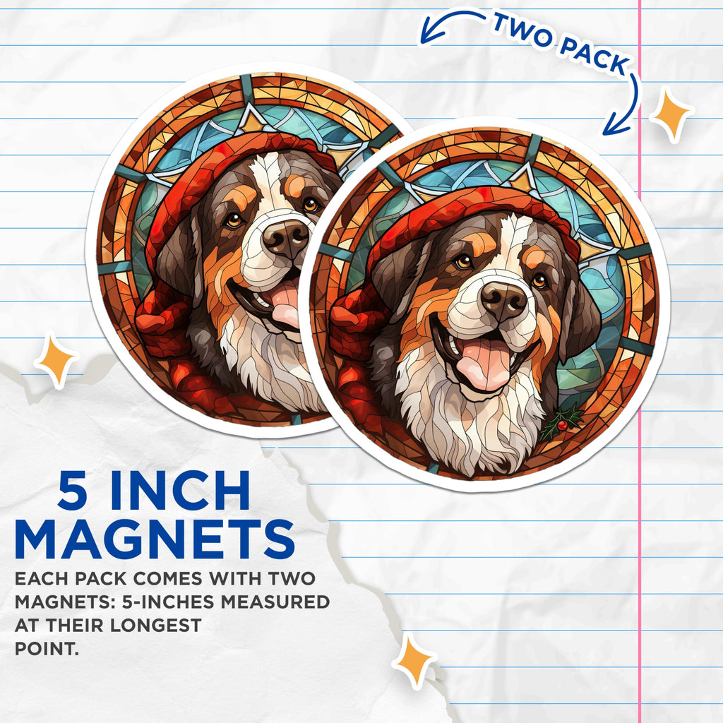 (2 Pack) Bernese Mountain Dog Magnets - Stained Glass Berner Art - Winter Holiday Dog Decor - Christmas Animal Accent - 5 Inches On Longest Side - Thick Durable Magnet - Made in USA - MAG23908