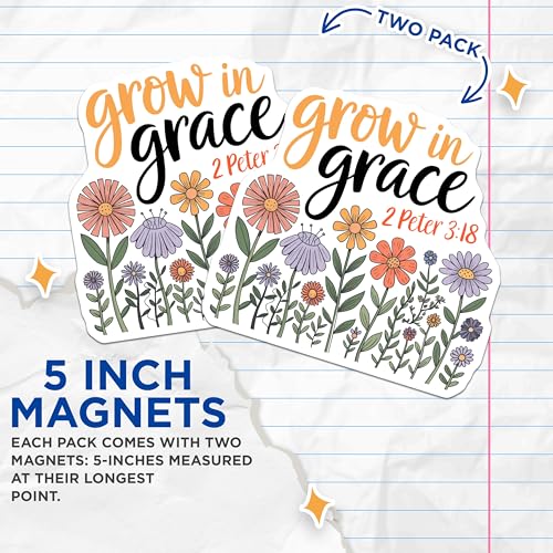 (2 Pack) Grow in Grace Magnets Magnets - Floral Bible Verse Magnet - Inspirational Christian Home Decor - 5" On Longest Side - Made in USA - Sticks to Refrigerators & Metal Surfaces - MAG8819