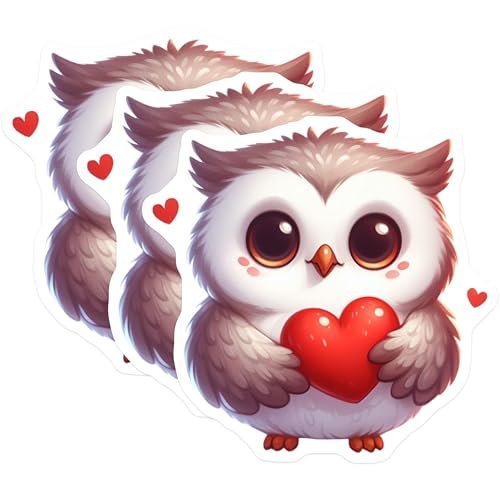 (3 Pack) Owl Holding Heart Decals - Cute Animal Stickers - Laptop Decals - 3 Inches On Longest Side - Easy Peel & Apply - Made in USA - 3MCS2451