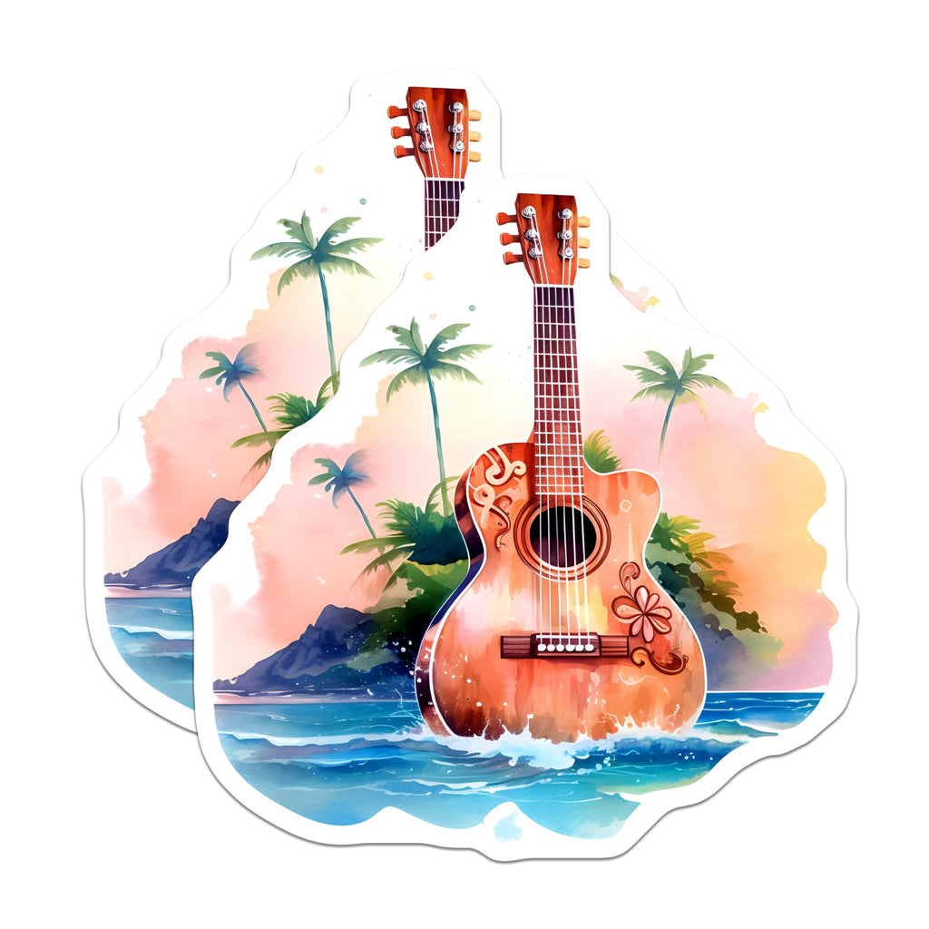 (2 Pack) Watercolor Guitar Magnets - Tropical Island Music Art - Beach Ocean Vibe Decor - 5 Inches On Longest Side - Thick Durable Magnet - Made in USA - MAG22605