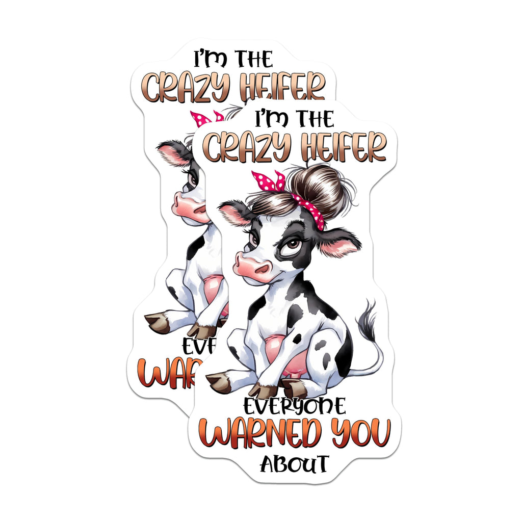 (2 Pack) Crazy Heifer Stickers - Funny Cow - Humorous Animal Decals - 5" On Longest Side - Sticks to Smooth Flat Surfaces - Made in USA - BMCS9803