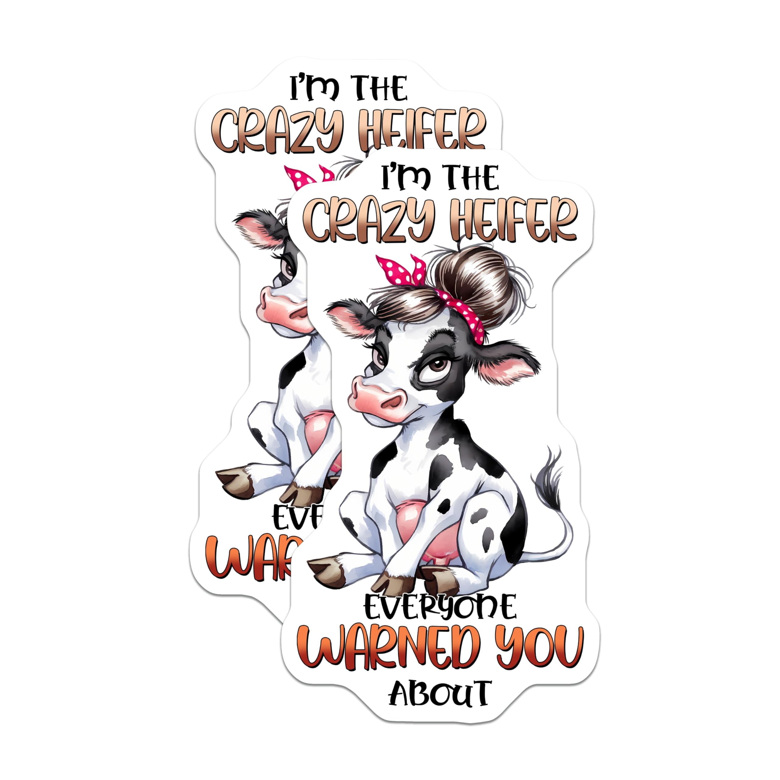 (2 Pack) Crazy Heifer Stickers - Funny Cow - Humorous Animal Decals - 5" On Longest Side - Sticks to Smooth Flat Surfaces - Made in USA - BMCS9803
