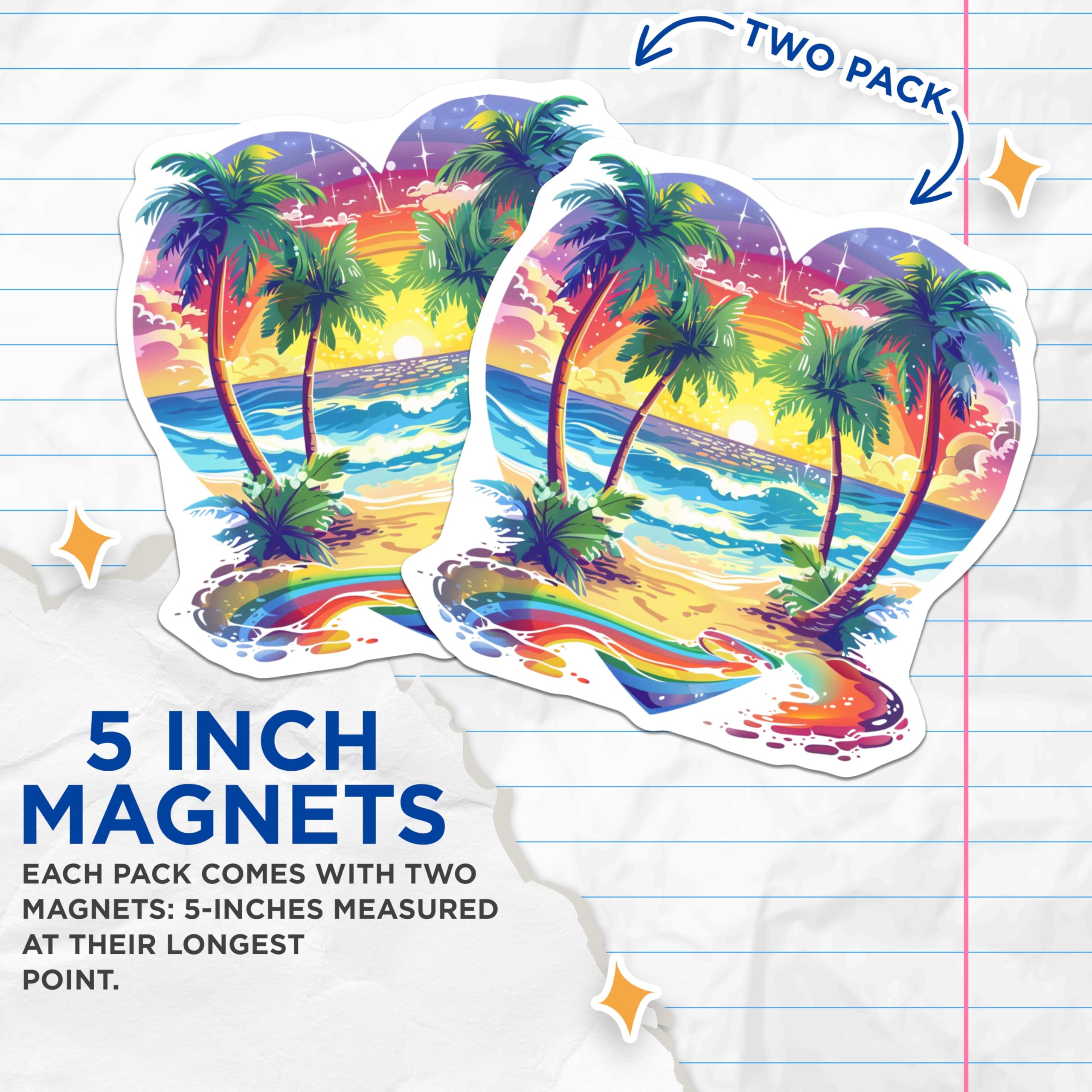 (2 Pack) Tropical Beach Magnets Heart Shaped - Vibrant Ocean Sunset Scene - Palm Tree Summer Vibe - 5 Inches On Longest Side - Thick Durable Magnet - Made in USA - MAG25229