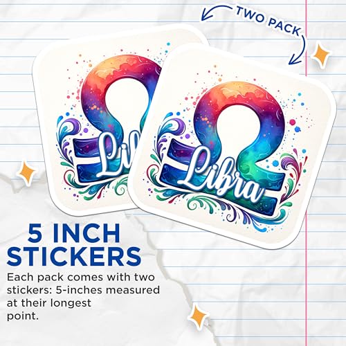 (2 Pack) Libra Zodiac Stickers - Horoscope Stickers - Astrology Stickers - 5" On Longest Side - Sticks to Smooth Flat Surfaces - Made in USA - BMCS6832