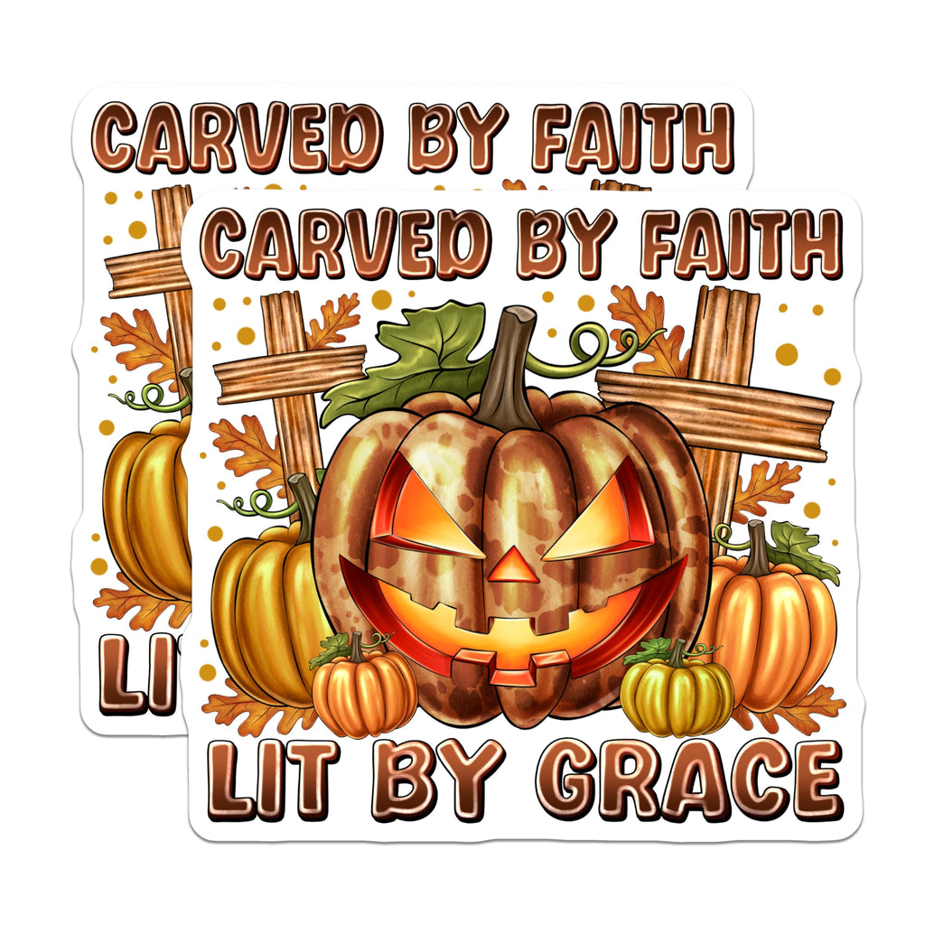 (2 Pack) Christian Halloween Magnets - Faith Fall Decor - Carved By Faith Lit By Grace - 5 Inches On Longest Side - Thick Durable Magnet - Made in USA - MAG27463