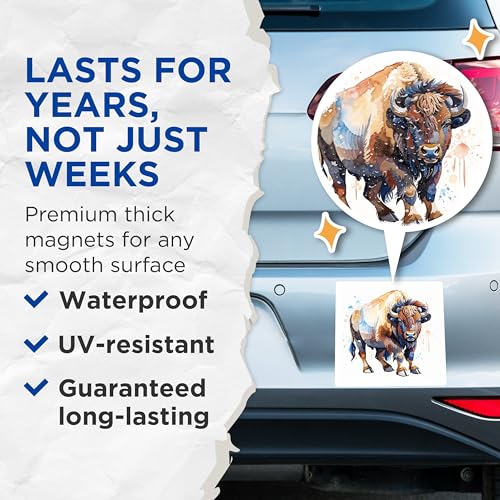 (2 Pack) Buffalo Bison Magnets Magnets - Watercolor Animal Art - 5" On Longest Side - Made in USA - Sticks to Refrigerators & Metal Surfaces - MAG8679