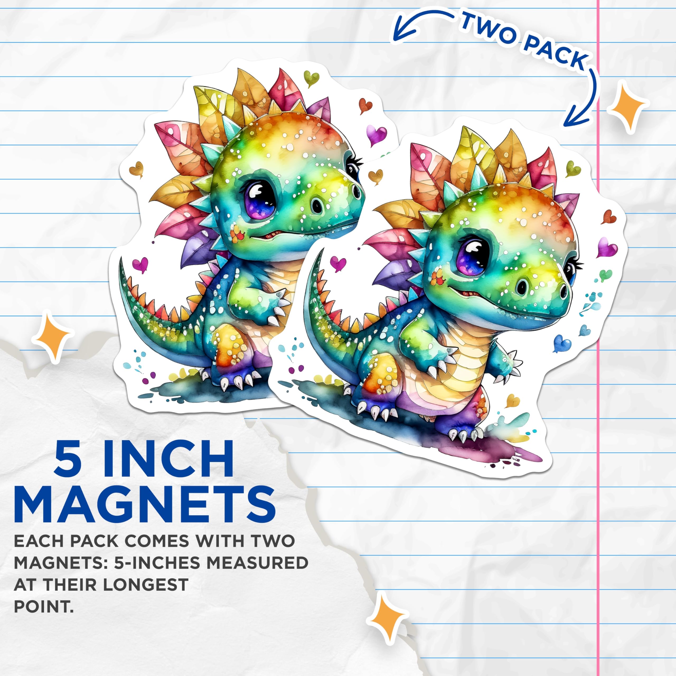(2 Pack) Rainbow Dinosaur Magnets - Cute Dino Art - Kids Decor - Fridge Magnets - 5" On Longest Side - Premium Magnet - for Cars, Refrigerators, Toolboxes, Lockers - Made in USA - MAG16017