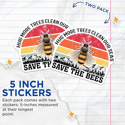(2 Pack) Save The Bees Stickers - Environmental Awareness - Ocean Conservation - Nature Support - 5" On Longest Side - Sticks to Smooth Flat Surfaces - Made in USA - BMCS5073