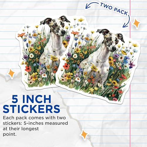 (2 Pack) Dog Stickers - Colorful Flowers Sticker - Cute Dog Illustration Stickers - 5" On Longest Side - Sticks to Smooth Flat Surfaces - Made in USA - BMCS6421