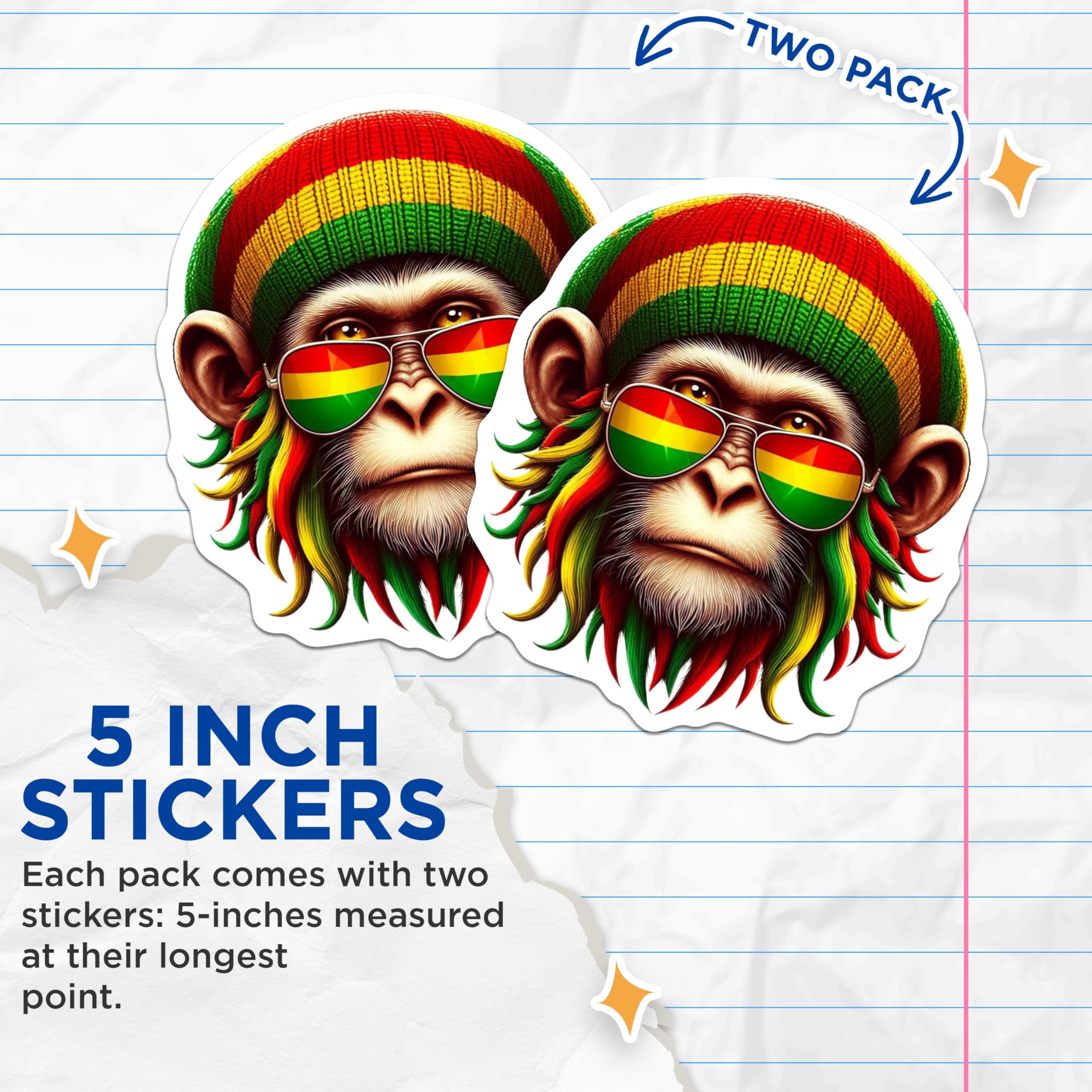 (2 Pack) Cool Rasta Monkey Stickers - Unique Animal Stickers - Fun Reggae Vibes Stickers - 5" On Longest Side - Sticks to Smooth Flat Surfaces - Made in USA - BMCS4382