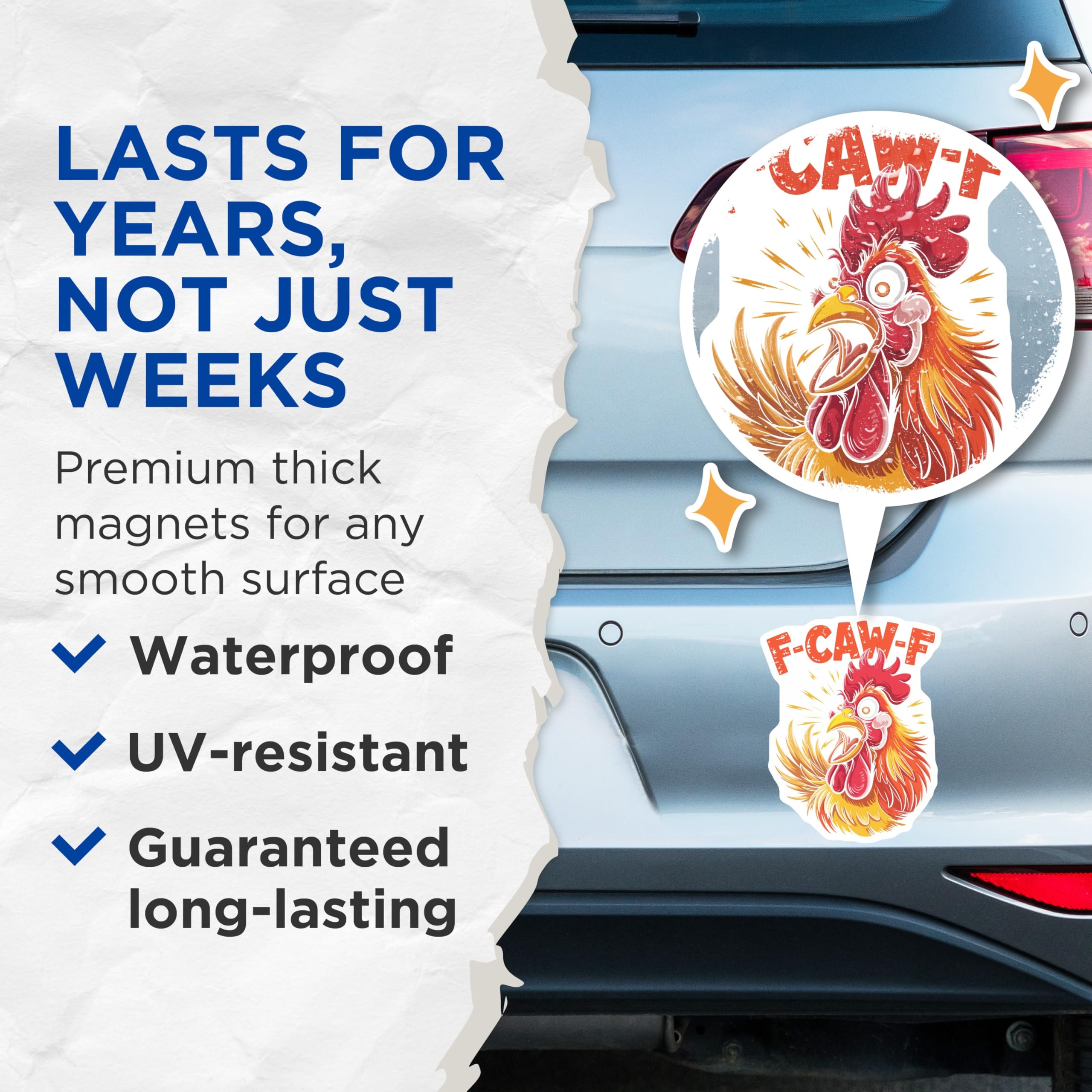(2 Pack) F-CAW-F Rooster Magnets - Funny Chicken - Crazy Farm Animal - 5" On Longest Side - Premium Magnet - for Cars, Refrigerators, Toolboxes, Lockers - Made in USA - MAG15098
