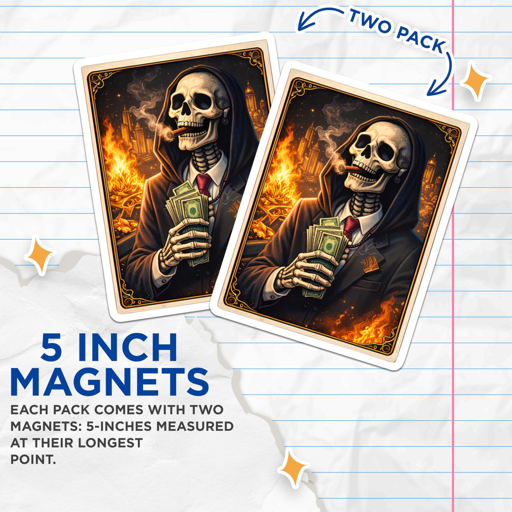 (2 Pack) Skeleton Money Magnets - Grim Reaper Art - Cigar Smoker Magnet - 5" On Longest Side - Premium Magnet - for Cars, Refrigerators, Toolboxes, Lockers - Made in USA - MAG15691