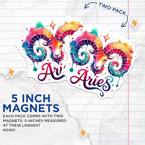 (2 Pack) Aries Zodiac Magnets - Colorful Aries Design - Astrology Sign Magnets - 5" On Longest Side - for Cars, Fridges, Toolboxes - Made in USA - MAG7280
