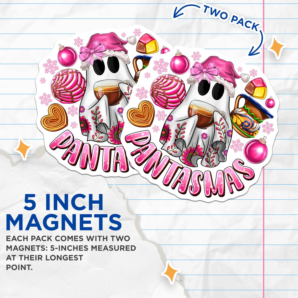 (2 Pack) Fantasmas Ghost Magnets - Mexican Pan Dulce Decor - Cozy Winter Holiday Scene - Pink Christmas Ornaments - 5 Inches On Longest Side - Thick Durable Magnet - Made in USA - MAG23669