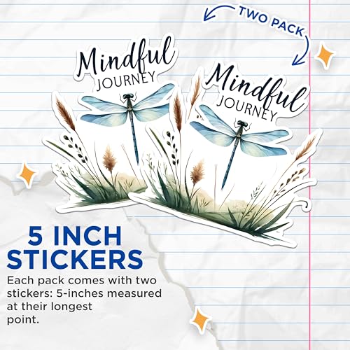 (2 Pack) Mindful Journey Stickers - Dragonfly Stickers - Inspiring Nature Stickers - 5" On Longest Side - Sticks to Any Smooth Flat Surface - Made in USA - BMCS2697