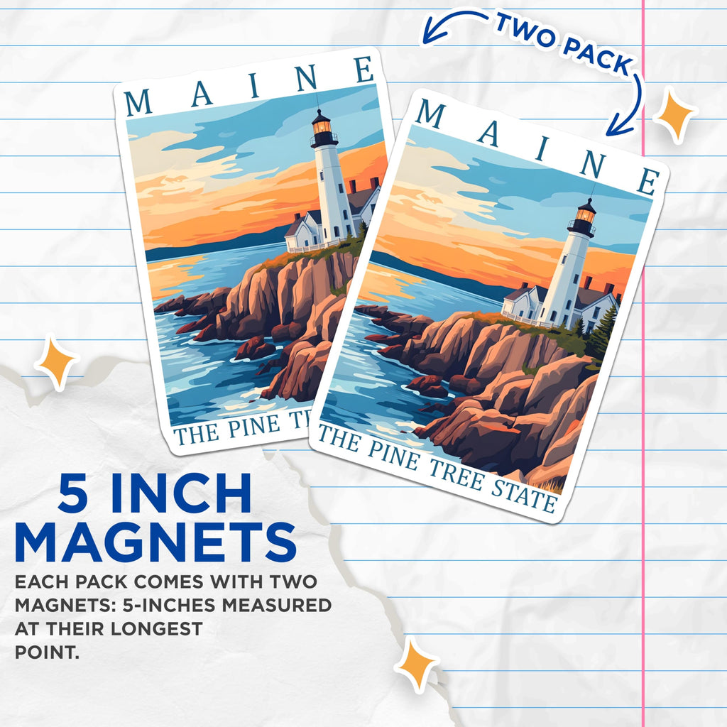 (2 Pack) Maine Magnets - Lighthouse Decor - Pine Tree State Souvenir - 5" On Longest Side - Premium Magnet - for Cars, Refrigerators, Toolboxes, Lockers - Made in USA - MAG17541