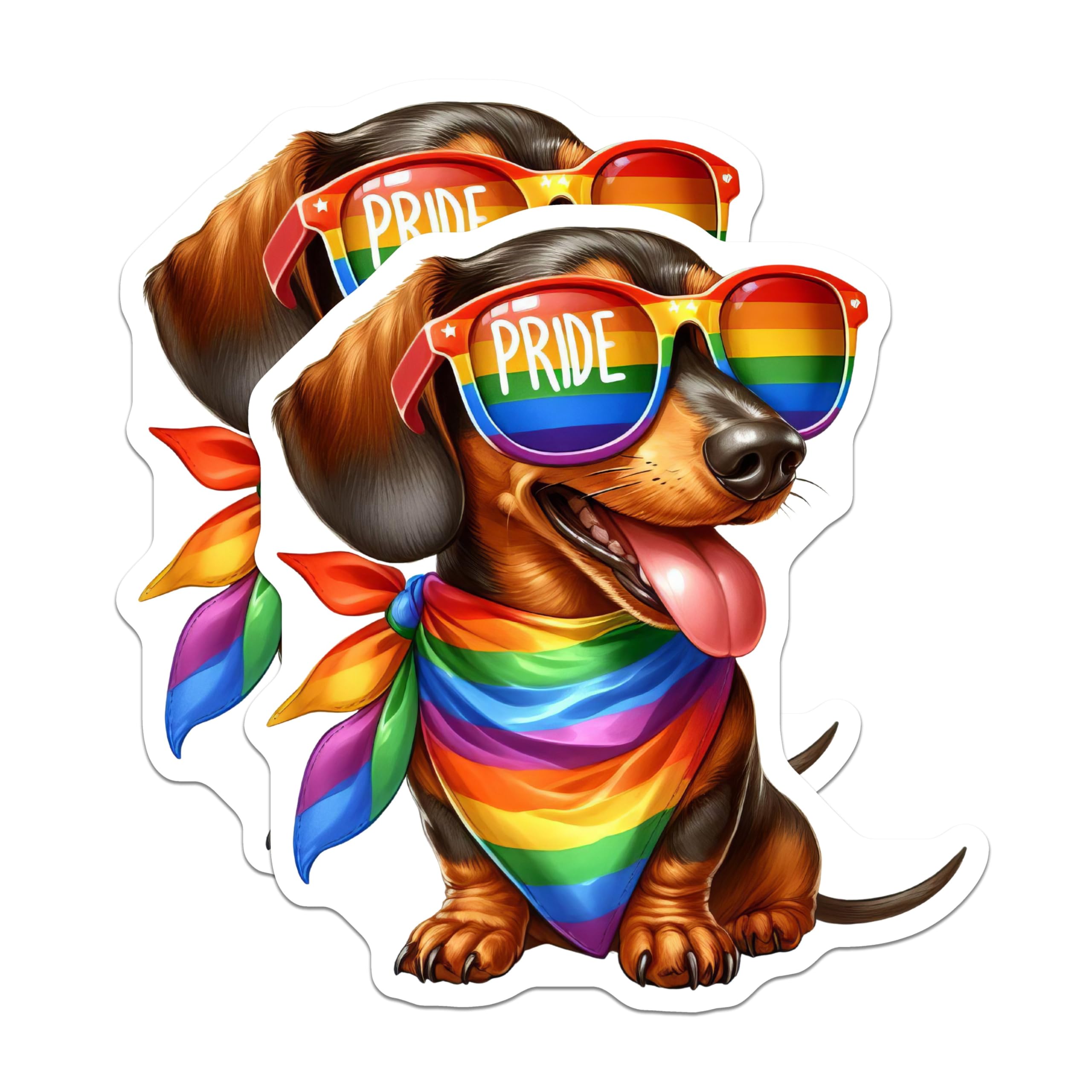 (2 Pack) Pride Dog Stickers - Rainbow Dachshund Decal - Cute Dog Wearing Sunglasses - 5" On Longest Side - Sticks to Smooth Flat Surfaces - Made in USA - BMCS6407