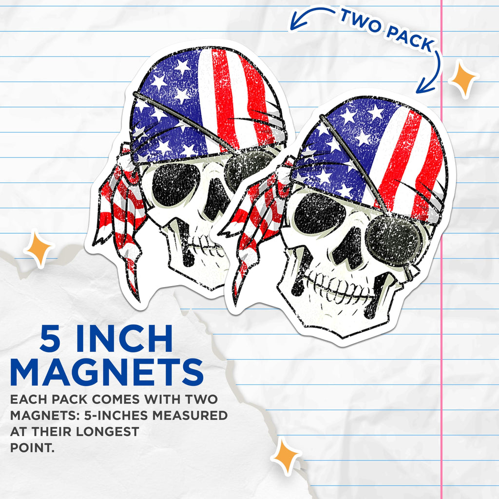 (2 Pack) Distressed American Flag Skull Magnets - Patriotic Rebel Skull Head - Veteran Biker Truck Magnets - 5 Inches On Longest Side - Thick Durable Magnet - Made in USA - MAG25296