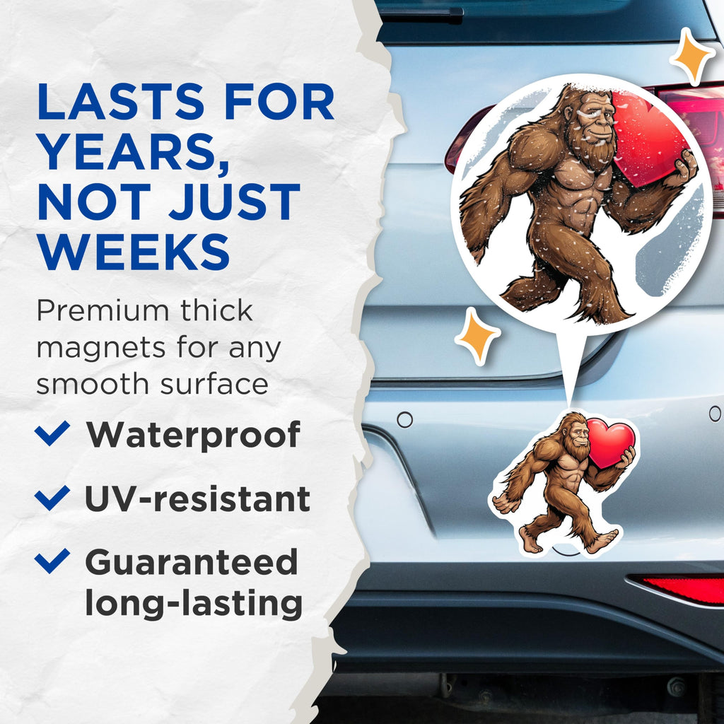 (2 Pack) Bigfoot Magnets - Heart Valentines Day - Cartoon Yeti Fridge Magnets - 5" On Longest Side - Premium Magnet - for Cars, Refrigerators, Toolboxes, Lockers - Made in USA - MAG16665