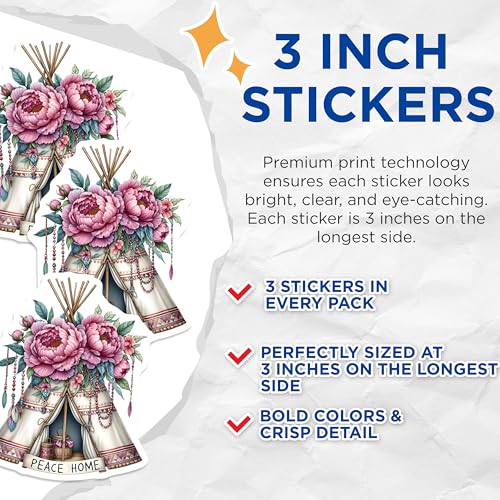 (3 Pack) Floral Teepee Decals - Boho Decor - Peace Home Laptop Decal - 3 Inches On Longest Side - Easy Peel & Apply - Made in USA - 3MCS7625