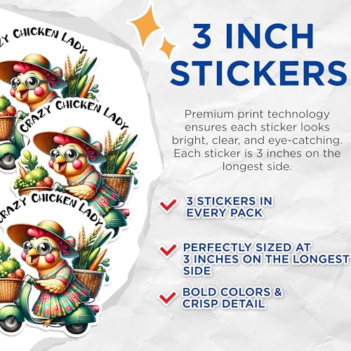 (3 Pack) Crazy Chicken Lady Decals - Chicken Mom - Scooter Decal - 3 Inches On Longest Side - Easy Peel & Apply - Made in USA - 3MCS1711
