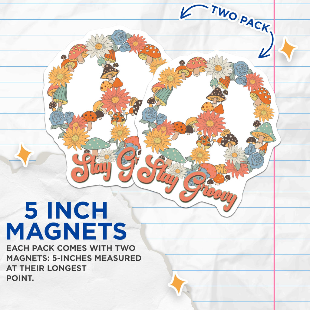 (2 Pack) Mushroom Peace Sign Magnets - Stay Groovy - Retro Hippie Aesthetic - 5" On Longest Side - Premium Magnet - for Cars, Refrigerators, Toolboxes, Lockers - Made in USA - MAG15309