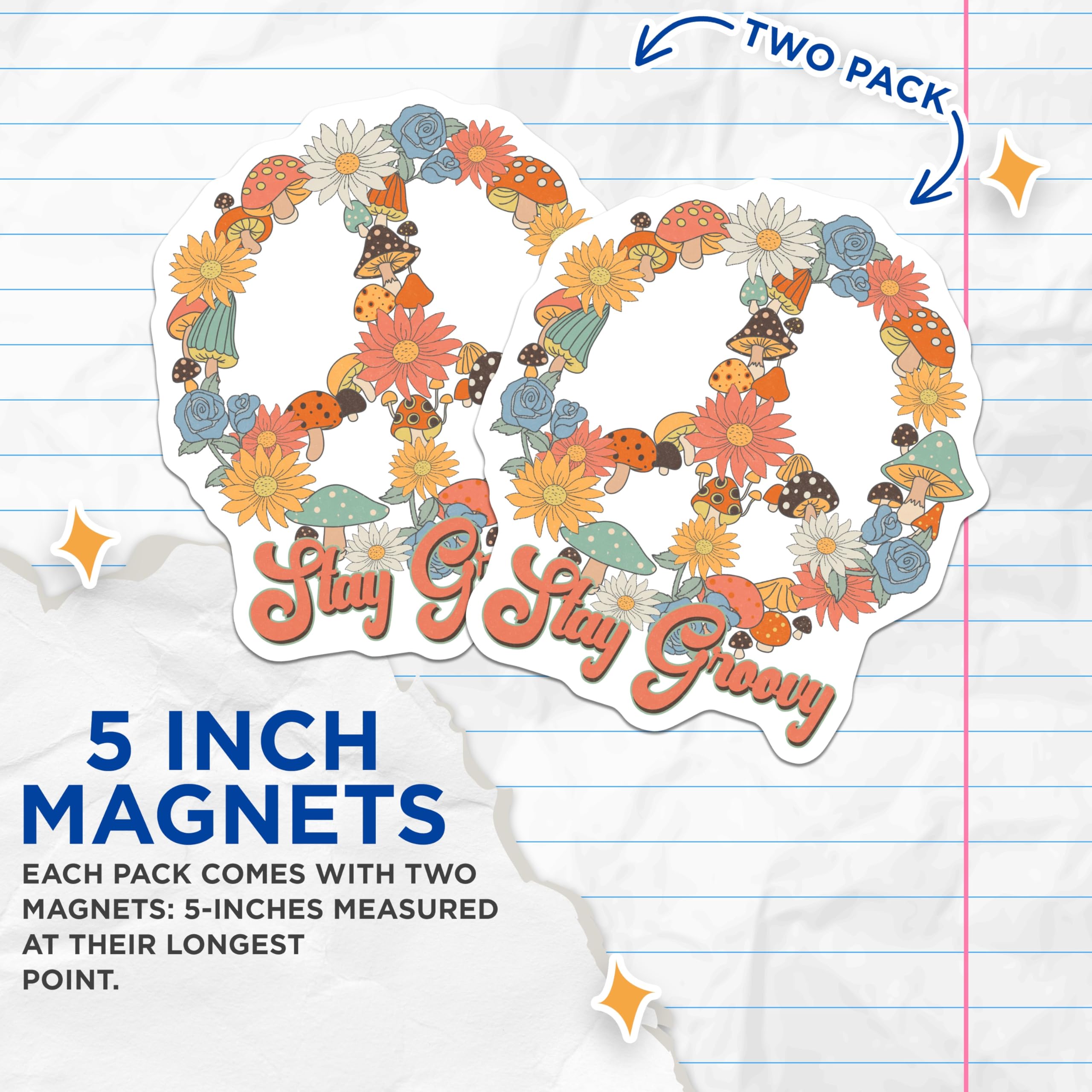(2 Pack) Mushroom Peace Sign Magnets - Stay Groovy - Retro Hippie Aesthetic - 5" On Longest Side - Premium Magnet - for Cars, Refrigerators, Toolboxes, Lockers - Made in USA - MAG15309