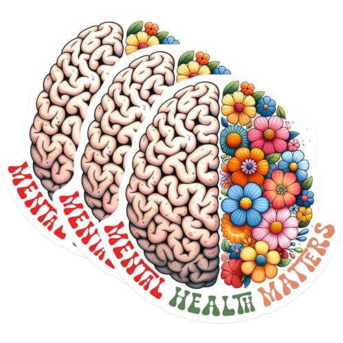 (3 Pack) Mental Health Matters Decals - Brain Flower Stickers - Laptop Decals - 3 Inches On Longest Side - Easy Peel & Apply - Made in USA - 3MCS2023