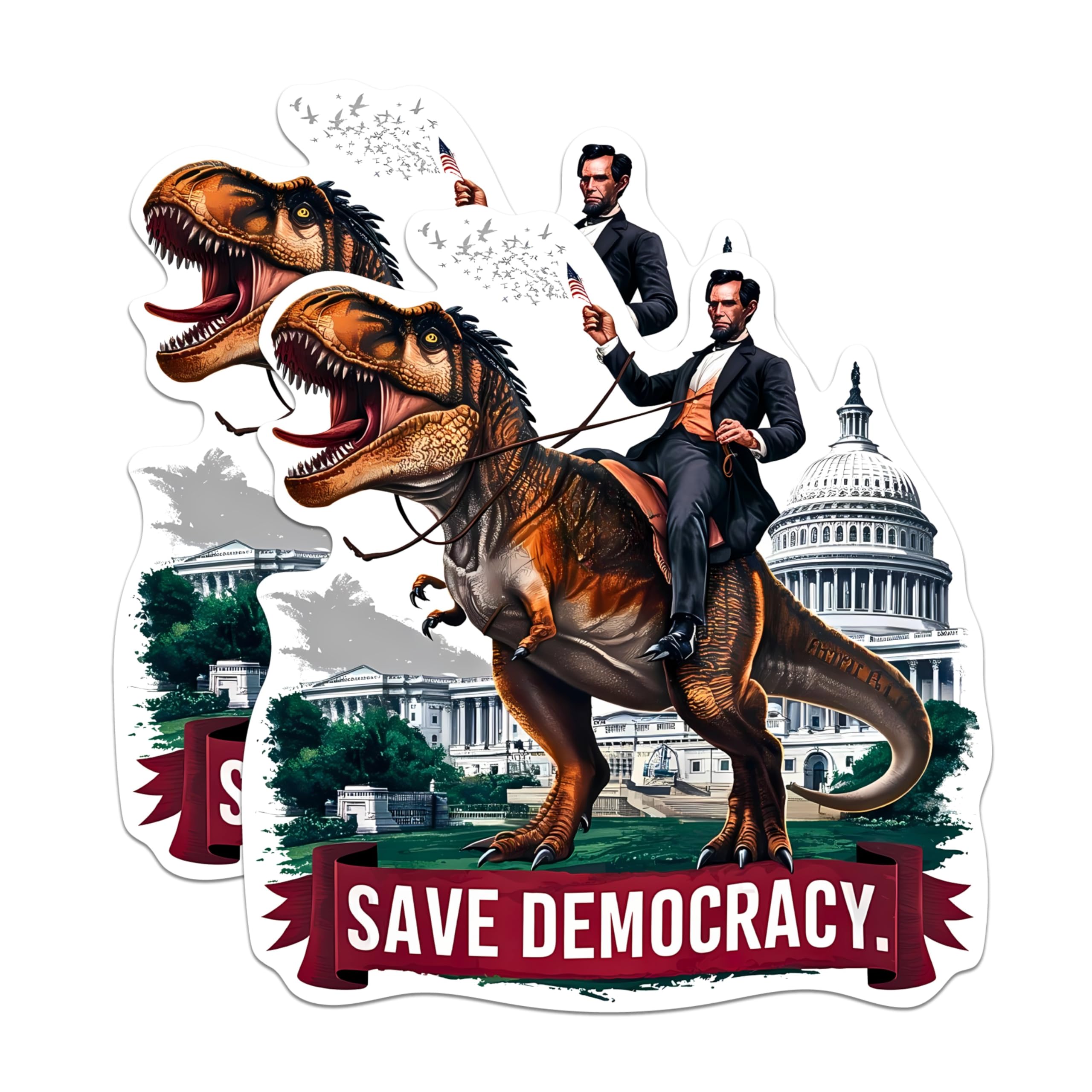 (2 Pack) Save Democracy Abraham Lincoln Riding Dinosaur Magnets - 5 Inches On Longest Side - Premium Magnet - for Cars, Refrigerators, Toolboxes - Made in USA - MAG2088
