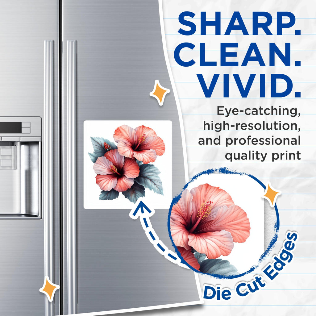(2 Pack) Hibiscus Flower Magnets - Tropical Floral Decor - Botanical Fridge Accent - 5 Inches On Longest Side - Thick Durable Magnet - Made in USA - MAG28645