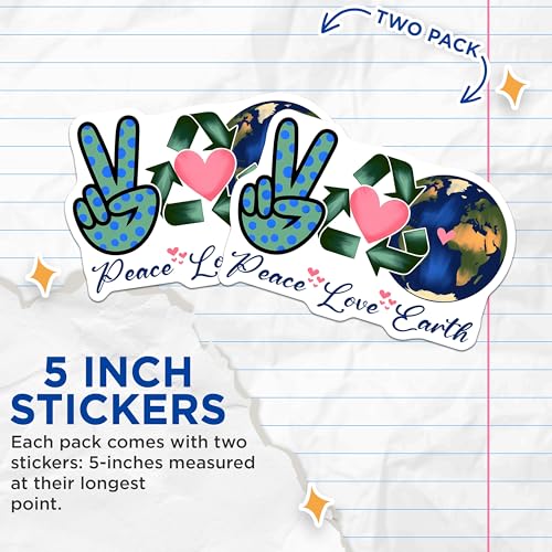 (2 Pack) Peace Love Earth Stickers - Eco Friendly Decals - 5" On Longest Side - Sticks to Smooth Flat Surfaces - Made in USA - BMCS8454 - BMCS8454