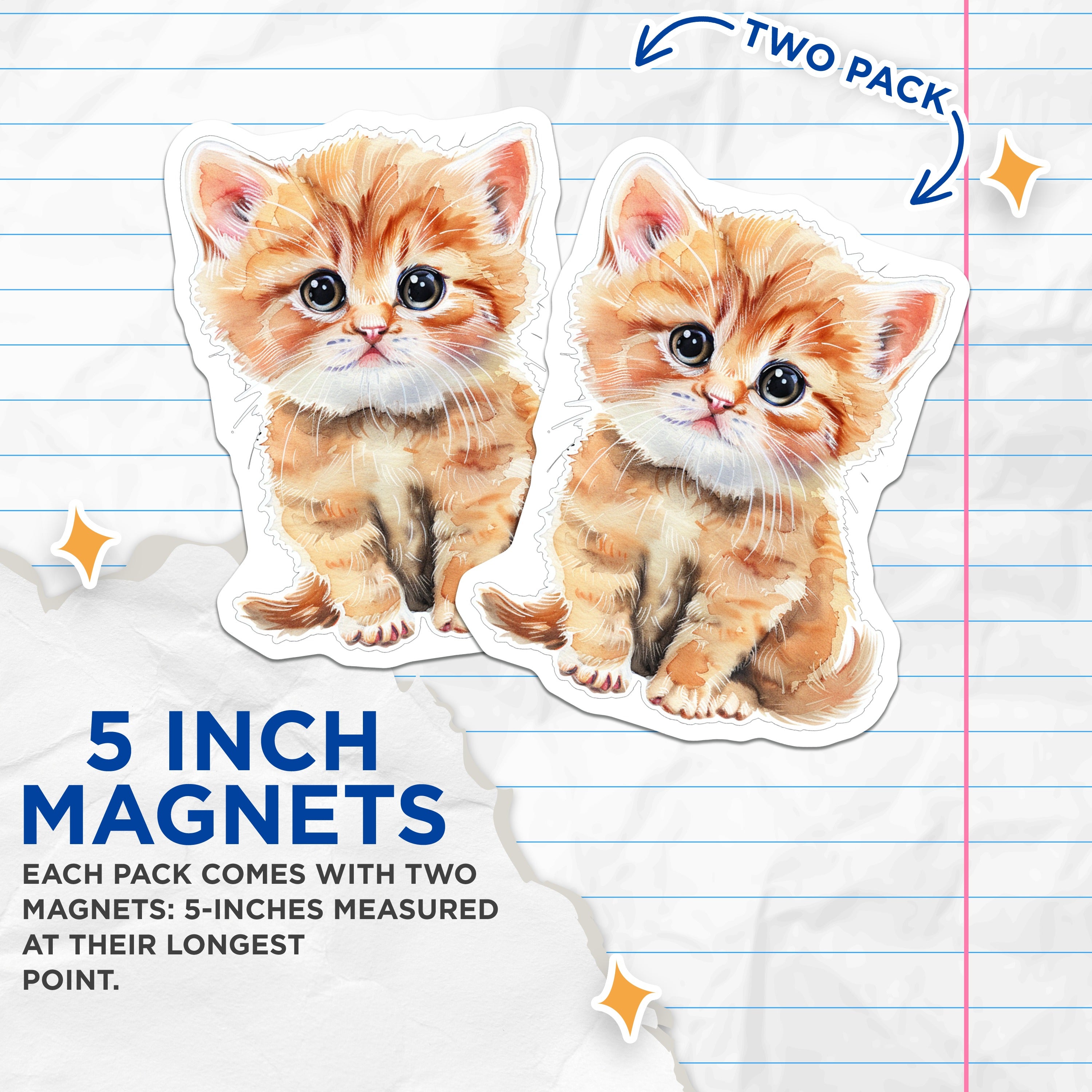 (2 Pack) Cute Kitten Magnets - Watercolor Cat Art - Fridge Decor Feline Lover - 5 Inches On Longest Side - Thick Durable Magnet - Made in USA - MAG39901