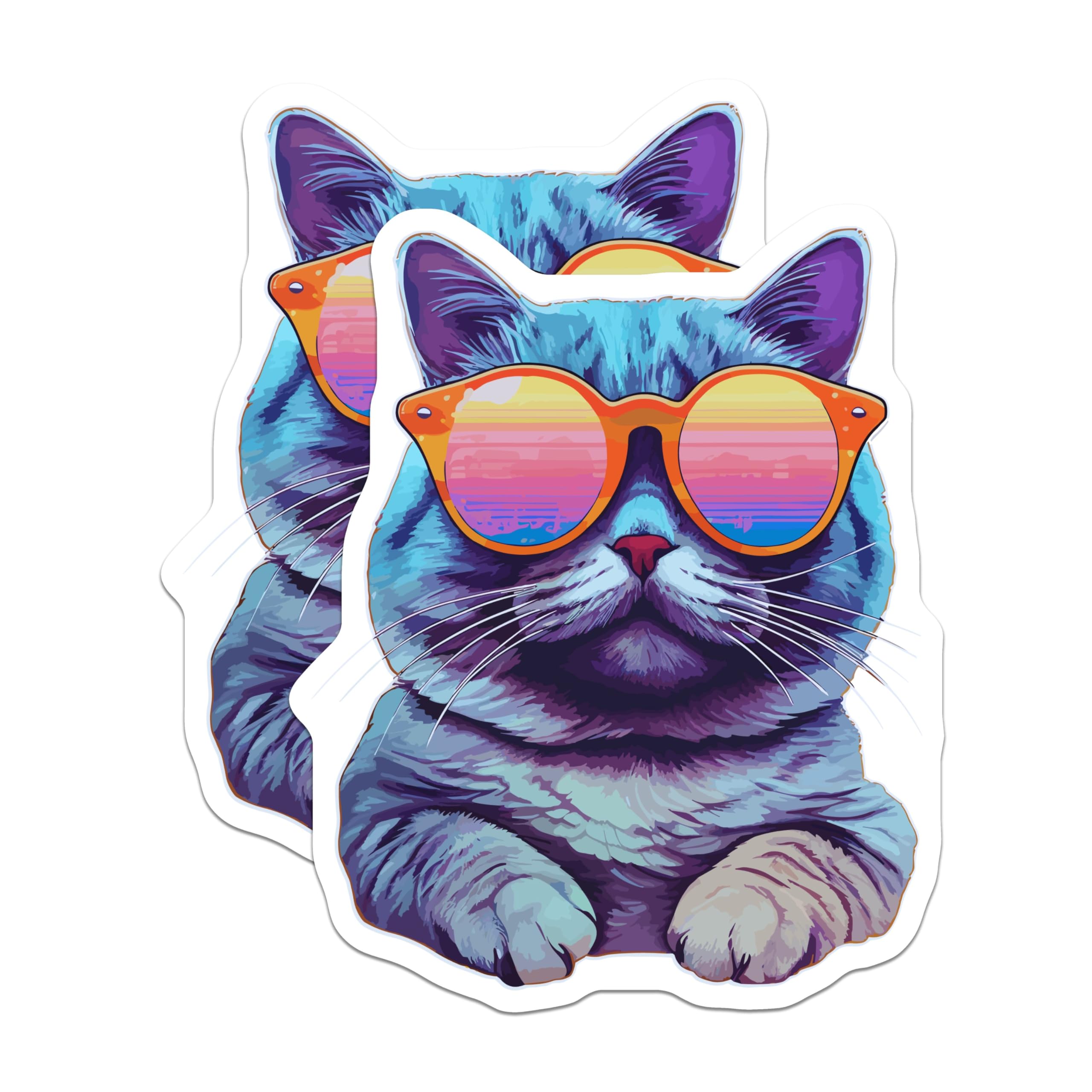 (2 Pack) Cool Cat Stickers - Cat with Sunglasses Stickers - Fun and Colorful Cat Decal - 5" On Longest Side - Sticks to Any Smooth Flat Surface - Made in USA - BMCS3578
