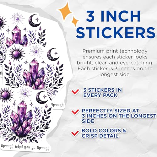 (3 Pack) Crystal Decals - Purple Sun Moon Star - Laptop Decals - 3 Inches On Longest Side - Easy Peel & Apply - Made in USA - 3MCS6823