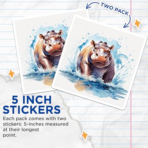 (2 Pack) Hippo Water Splash Stickers - Animal Lover - Wildlife Art - 5" On Longest Side - Sticks to Smooth Flat Surfaces - Made in USA - BMCS8703 - Aquatic Animal - Nature Theme - Watercolor Style