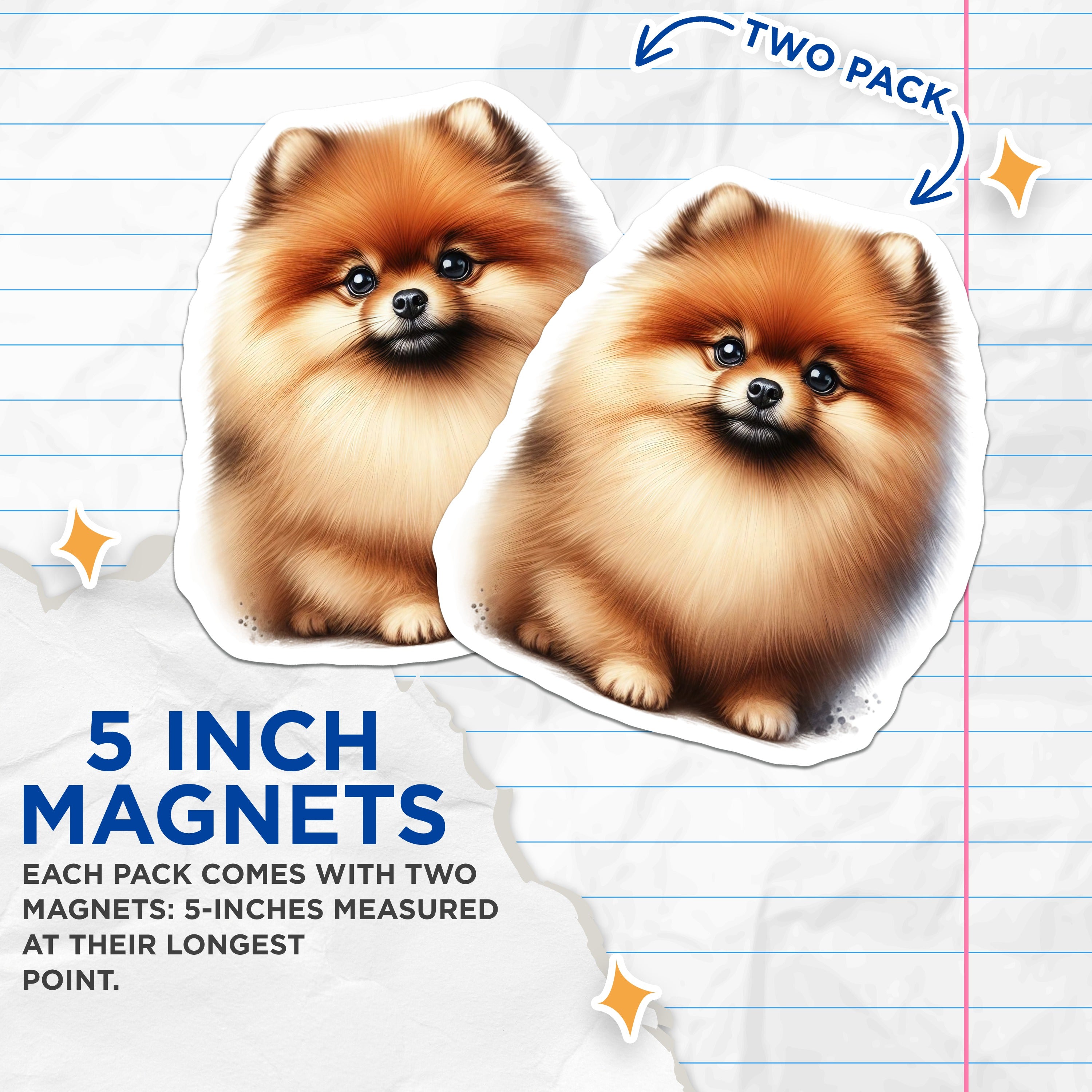 (2 Pack) Pomeranian Magnets - Fluffy Dog Lover Decor - Kawaii Puppy Fridge Art - Cute Pet Owner Accessory - 5 Inches On Longest Side - Thick Durable Magnet - Made in USA - MAG39358