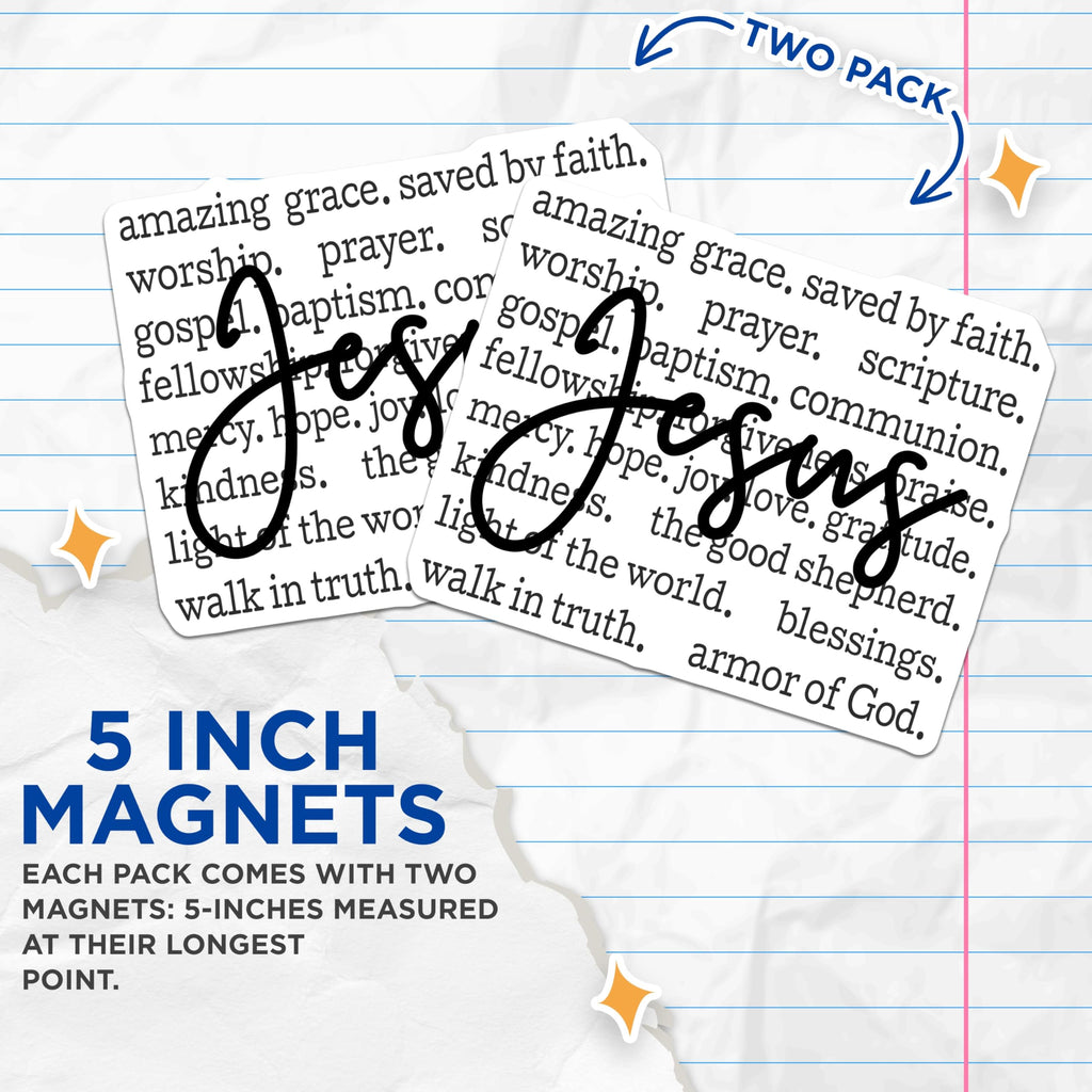 (2 Pack) Jesus Word Art Magnets - Christian Religious Decor - Inspirational Faith Statement - 5 Inches On Longest Side - Thick Durable Magnet - Made in USA - MAG25652