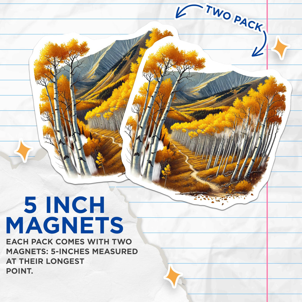 (2 Pack) Autumn Aspen Tree Landscape Magnets - Vibrant Golden Fall Mountain Scenery - Rustic Nature Refrigerator Accent Decor - 5 Inches On Longest Side - Thick Durable Magnet - Made in USA - MAG19055