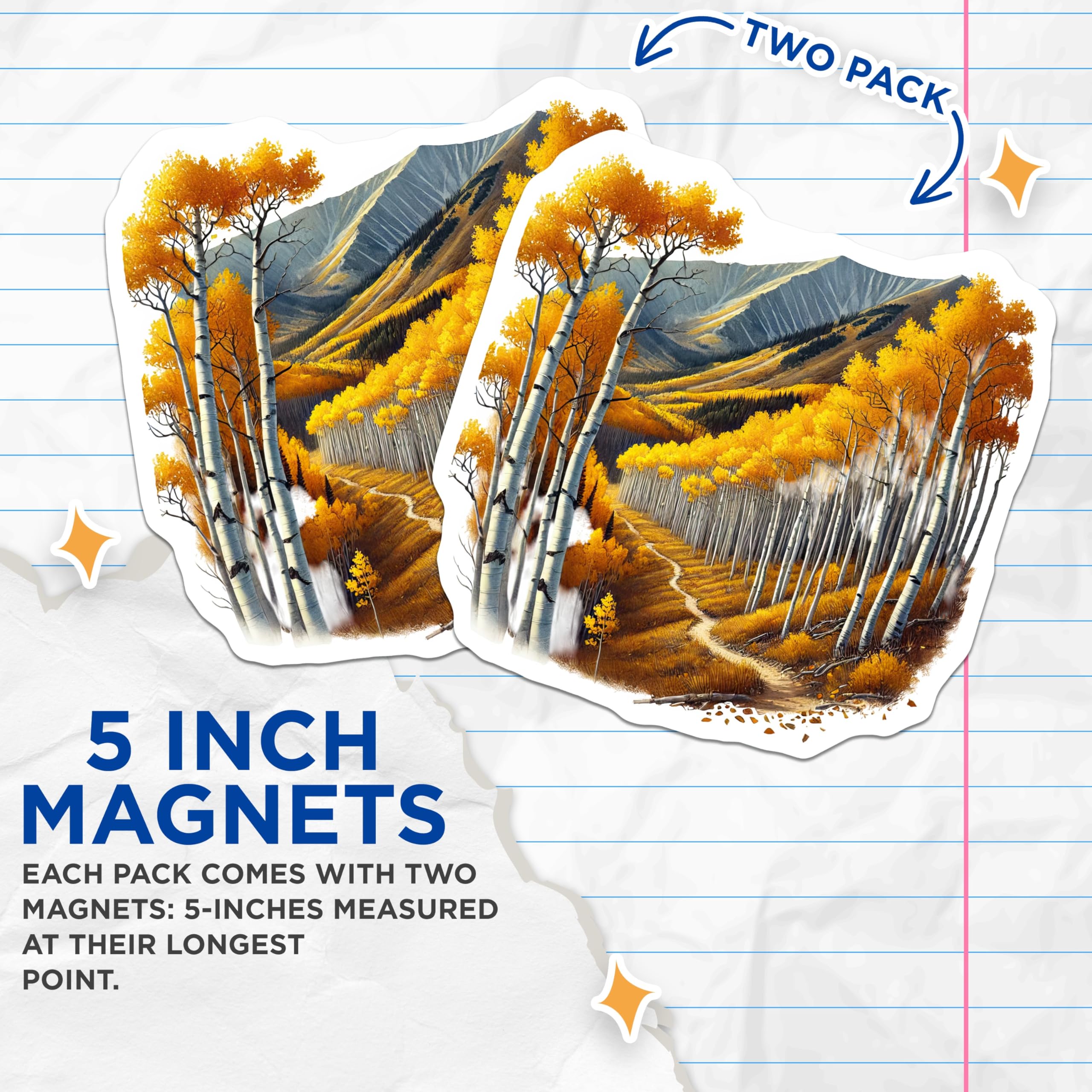 (2 Pack) Autumn Aspen Tree Landscape Magnets - Vibrant Golden Fall Mountain Scenery - Rustic Nature Refrigerator Accent Decor - 5 Inches On Longest Side - Thick Durable Magnet - Made in USA - MAG19055