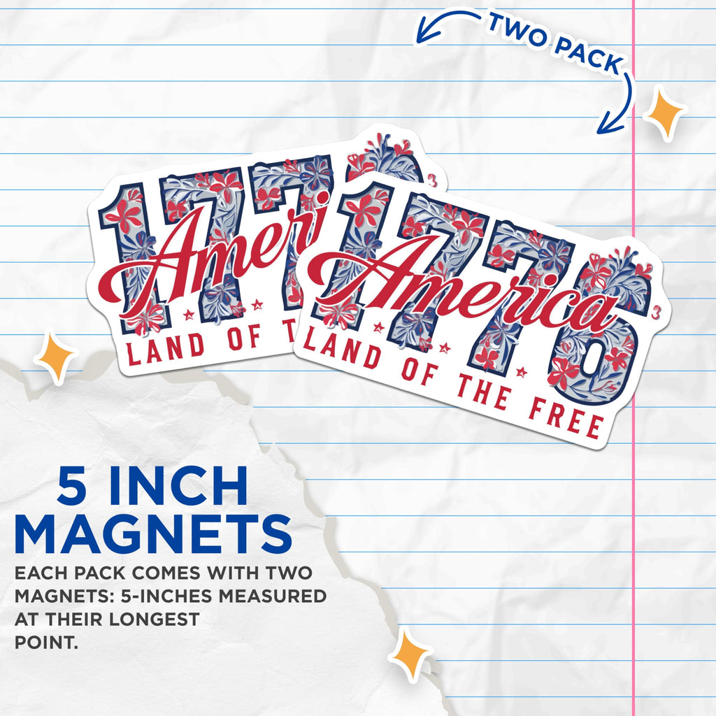 (2 Pack) 1776 America Magnets - Land of the Free Decor - Fourth of July Patriotism - 5 Inches On Longest Side - Thick Durable Magnet - Made in USA - MAG20523