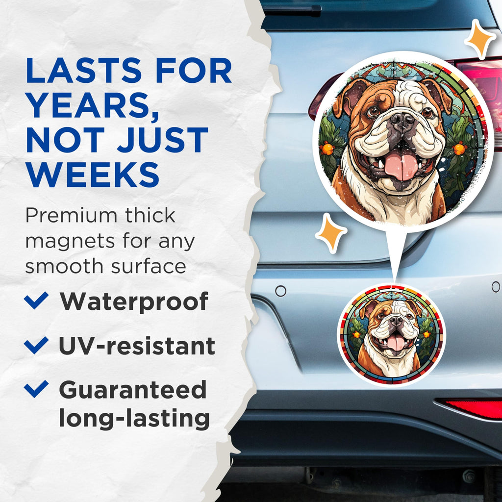 (2 Pack) Bulldog Stained Glass Magnets - Dog Lover Decor - Pet Portrait Art - Cute Puppy Fridge Accessory - 5 Inches On Longest Side - Thick Durable Magnet - Made in USA - MAG25035