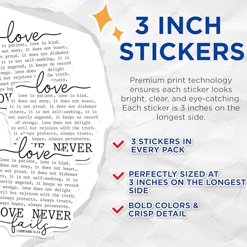 (3 Pack) Love Never Fails Decals - Bible Verse - 1 Corinthians Scripture Decals - 3 Inches On Longest Side - Easy Peel & Apply - Made in USA - 3MCS4939