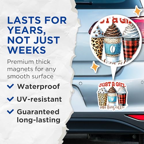 (2 Pack) Just a Girl Who Loves Coffee Magnets - Cute Coffee Theme - 5" On Longest Side - for Cars, Fridges, Toolboxes - Made in USA - MAG7535