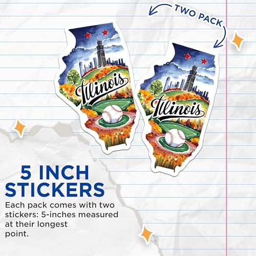 (2 Pack) Illinois State Stickers - Baseball Theme - Chicago Skyline - Fall Landscape - 5" On Longest Side - Sticks to Smooth Flat Surfaces - Made in USA - BMCS6276