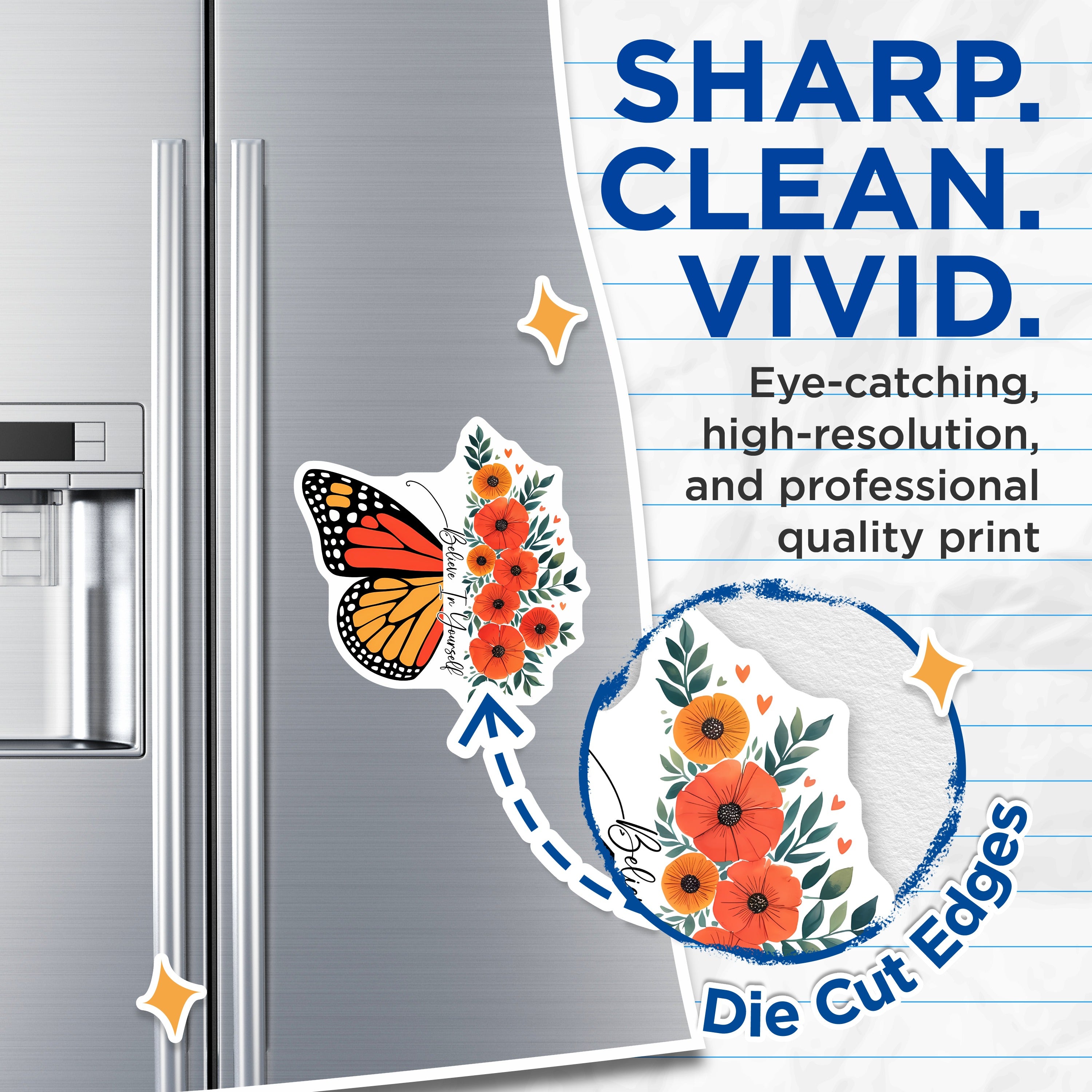 (2 Pack) Believe in Yourself Magnets - Inspirational Butterfly Floral Fridge Decor - Positive Affirmation Locker Magnet - 5 Inches On Longest Side - Thick Durable Magnet - Made in USA - MAG37231